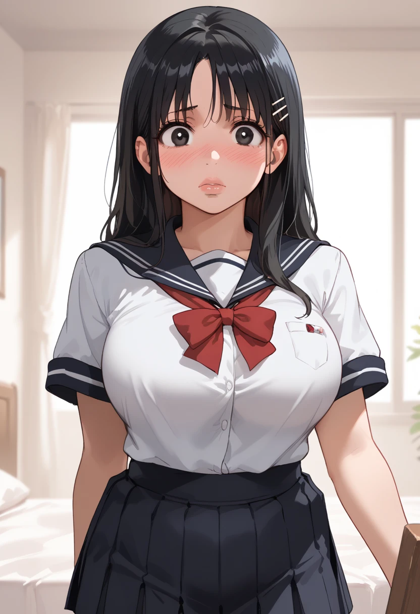 (1girl:1.3), Masterpiece, Best quality, amazing beauty, 4K, absurdres, finely detail, super detailed eye, perfect anatomy, official art, cinematic lighting, BREAK, bedroom:1.5, silky half up hair, (black hair:1.5), super shiny detailed black eye, tareme, full lips, round face:1.5, embarrassed, young face:1.2, BREAK , big breasts, Young body, , BREAK , (White school uniform:1.2), (dark blue mini skirt:1.2), BREAK,()