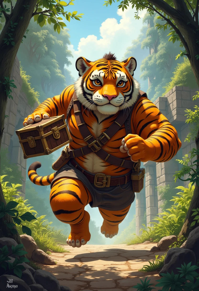 treasure hunter, a plump middle-aged clothing tiger man, costume, hat, half pants, holding treasure chest, run away, running through a forest, dynamic pose, jungle ruins, outdoor, detailed painting landscape, BREAK full body in Michelangelo Buonarroti style, character focus, 1boy, full body, looking away, dynamic angle, niji6, niji5, BREAK complete anatomy, perfect proportions, beautiful thigh gap, fluffy body, intricate fur details, beautiful fur texture, BREAK detailed tiger tail, detailed toe, 5toes, 5toes nails, beautiful foot, detailed hands, 5fingers, 5fingers nails, BREAK aesthetic anime face, insanity detailed face, male face, big face, square jawline, aesthetic anime eyes, detailed brown eyes, detailed brown cornea, detailed dark brown irises, detailed pupils, male eyes, big eyes, male eyebrows, innocent look, beautiful beard, BREAK masterpiece, official art, best quality, very aesthetic, absurdres, super fine illustration, great quality, BREAK noise reduction, very highres, large filesize, high quality, 32K, 8k wallpaper, dynamic lighting, BREAK insanity detailed, ultra detailed, intricate details, extremely detailed, detailed texture, an extremely delicate and beautiful, full color, HDR, BREAK e621 illustration, Fur Affinity illustration, osukemo, kemohomo, anthropomorphic, furry, cartoon, harmonious eyes, pastoral face, virtuous body, epic atmosphere 