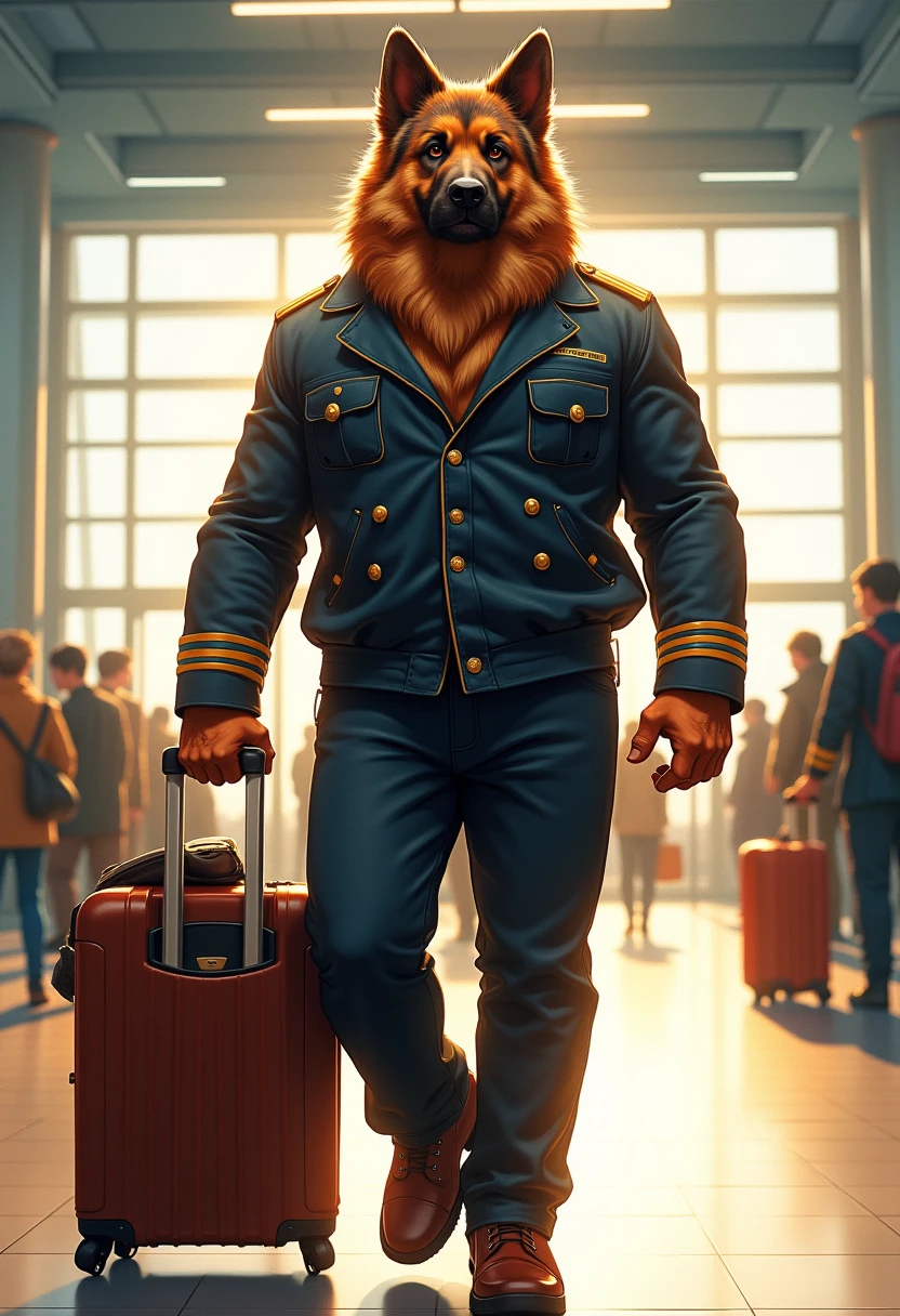 airline pilot, a muscular middle-aged clothing german shepherd man, airline hat, airline black color suit, trolley case, walking, morning, airport, passenger terminal, indoor, detailed painting landscape, BREAK full body in Michelangelo Buonarroti style, character focus, 1boy, full body, looking away, from above, niji6, niji5, BREAK complete anatomy, perfect proportions, beautiful thigh gap, fluffy body, intricate fur details, beautiful fur texture, BREAK detailed german shepherd 1tail, detailed shoes, beautiful foot, detailed hands, 5fingers, 5fingers nails, BREAK aesthetic anime face, insanity detailed face, male face, big face, square jawline, aesthetic anime eyes, detailed brown eyes, detailed brown cornea, detailed dark brown irises, detailed pupils, male eyes, big eyes, male eyebrows, innocent look, beautiful beard, BREAK masterpiece, official art, best quality, very aesthetic, absurdres, super fine illustration, great quality, BREAK noise reduction, very highres, large filesize, high quality, 32K, 8k wallpaper, dynamic lighting, BREAK insanity detailed, ultra detailed, intricate details, extremely detailed, detailed texture, an extremely delicate and beautiful, full color, HDR, BREAK e621 uncut tag, Fur Affinity illustration, osukemo, kemohomo, anthropomorphic, furry, cartoon, harmonious eyes, pastoral face, virtuous body, airport atmosphere 