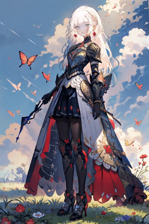 ((best quality)), ((masterpiece)), (detailed),butterfly style,woman holding a long sword,white hair,long hair,side braid,asymmet...