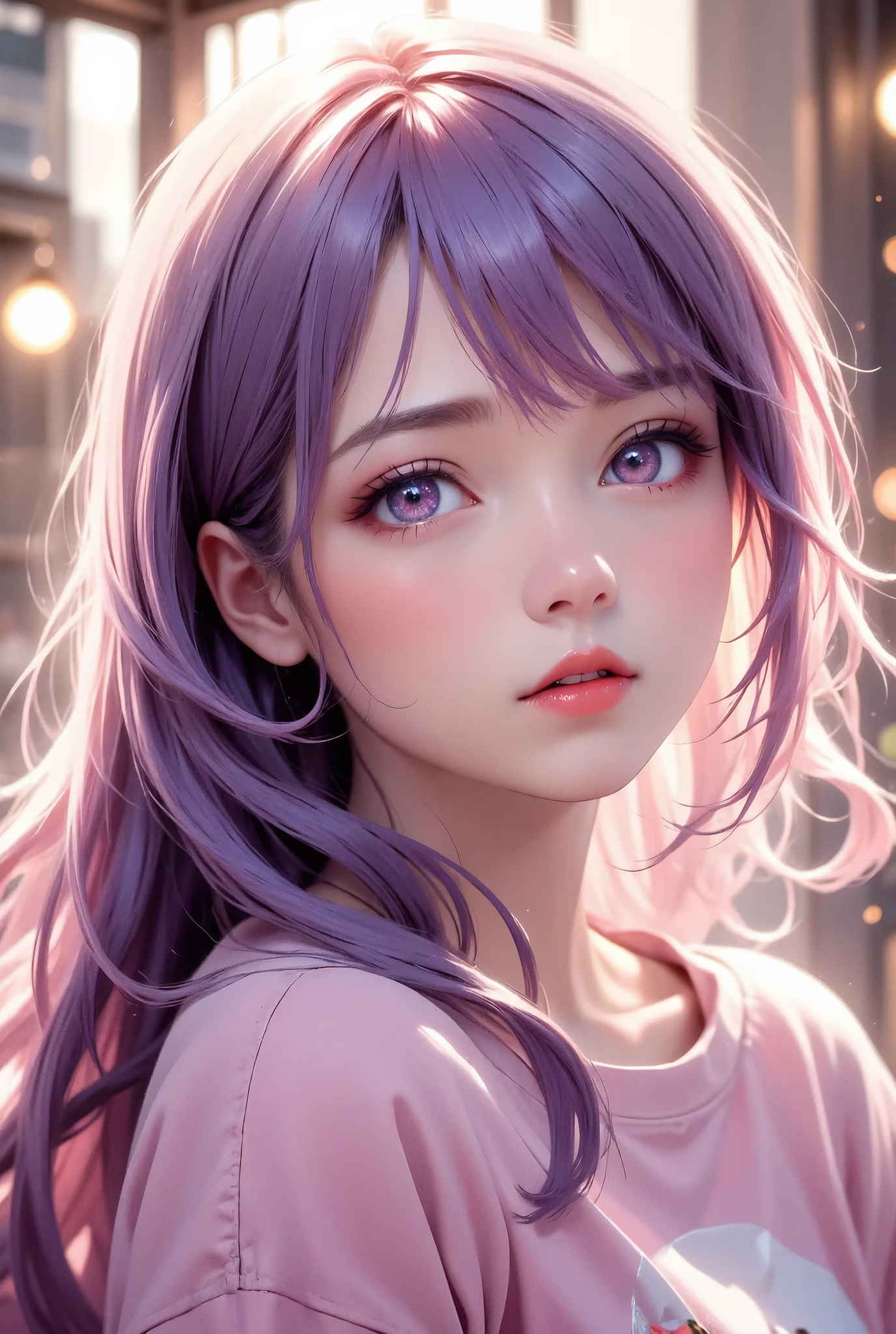 masterpiece, best quality, ultra-detailed, pastel tones, a close-up of a beautiful woman with purple hair, wearing a comfortable oversized pink shirt with a cute character design, the sunlight gently illuminating her face, creating soft highlights, her long hair framing her face, her skin glowing with a soft and healthy radiance, ultra-detailed depiction of her hair with individual strands catching the light, large expressive eyes with a serene and gentle expression, morning sunlight streaming through the window, warm and tranquil atmosphere, pastel pink and lavender tones throughout, focus on her facial features, delicate interplay of light and shadow across her face, conveying a peaceful and intimate moment, the environment evokes a sense of calm and comfort.