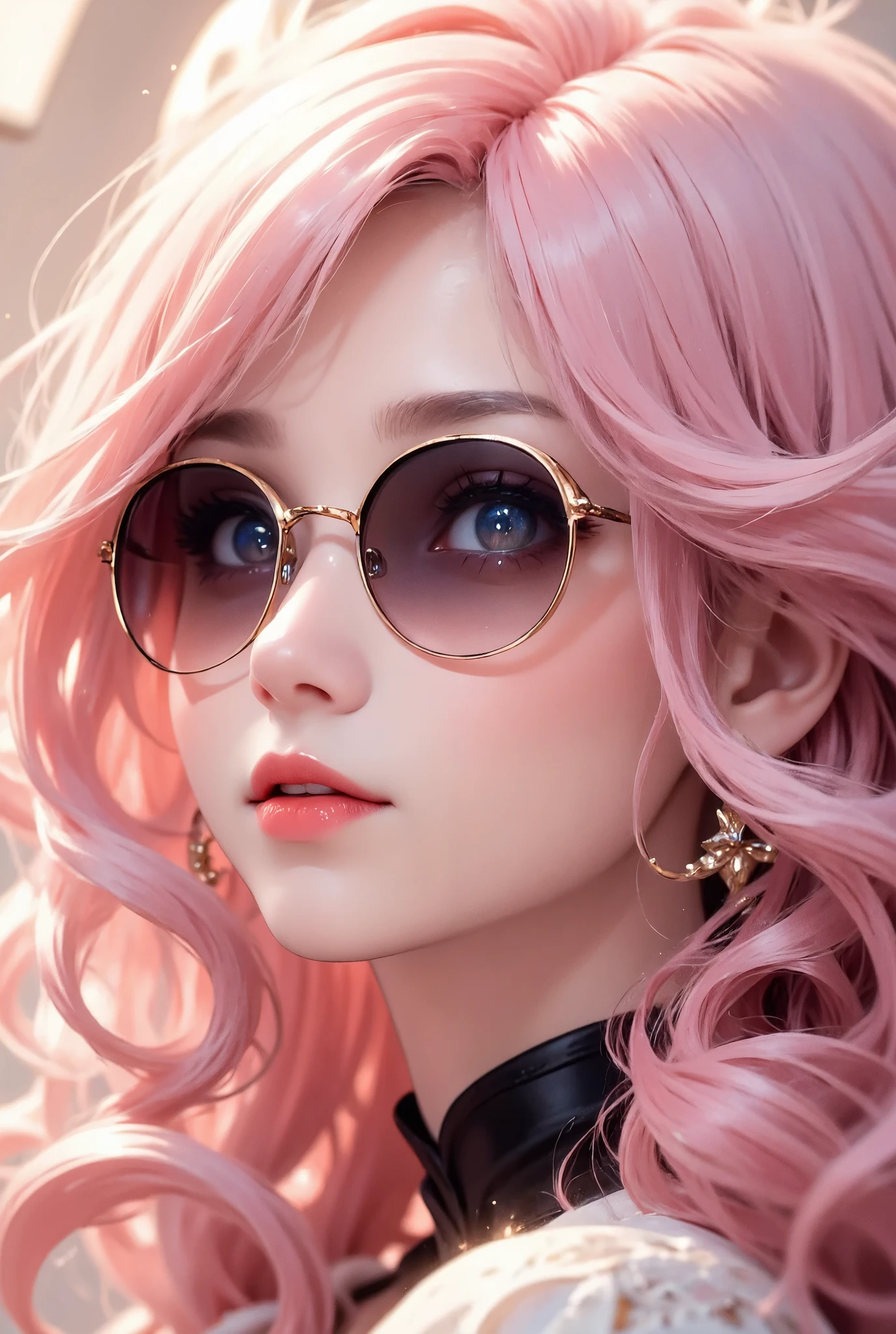 masterpiece, best quality, ultra-detailed, pastel tones, a beautiful woman with pink hair lying on her side, wearing sunglasses and a black choker, the sunlight streaming through a window casting soft shadows across her face, her long wavy hair spilling across a pillow, her skin glowing softly in the gentle light, ultra-detailed depiction of her hair with individual strands highlighted by the sunlight, elegant gold earrings with intricate details, a relaxed yet charming expression, eye-level shot, focus on her facial features and hair, warm and cozy atmosphere, pastel pink and beige tones throughout, the background slightly blurred to bring attention to her, delicate play of light and shadow across her face and hair, conveying a calm and serene mood, clothing texture finely detailed with subtle lace patterns, environment evokes a sense of tranquility and warmth.