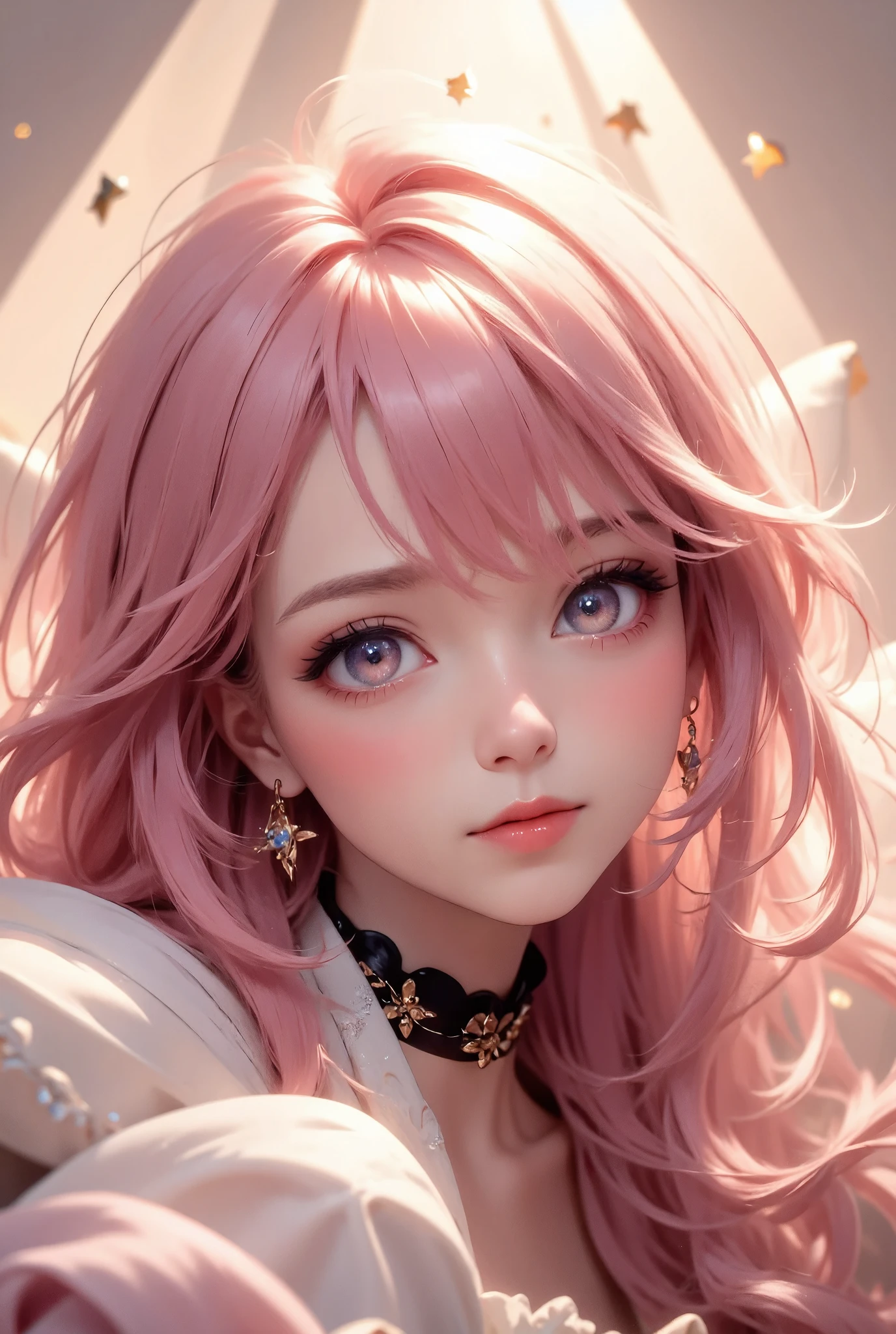 masterpiece, best quality, ultra-detailed, pastel tones, a beautiful woman with pink hair lying on her side, wearing sunglasses and a black choker, the sunlight streaming through a window casting soft shadows across her face, her long wavy hair spilling across a pillow, her skin glowing softly in the gentle light, ultra-detailed depiction of her hair with individual strands highlighted by the sunlight, elegant gold earrings with intricate details, a relaxed yet charming expression, eye-level shot, focus on her facial features and hair, warm and cozy atmosphere, pastel pink and beige tones throughout, the background slightly blurred to bring attention to her, delicate play of light and shadow across her face and hair, conveying a calm and serene mood, clothing texture finely detailed with subtle lace patterns, environment evokes a sense of tranquility and warmth.