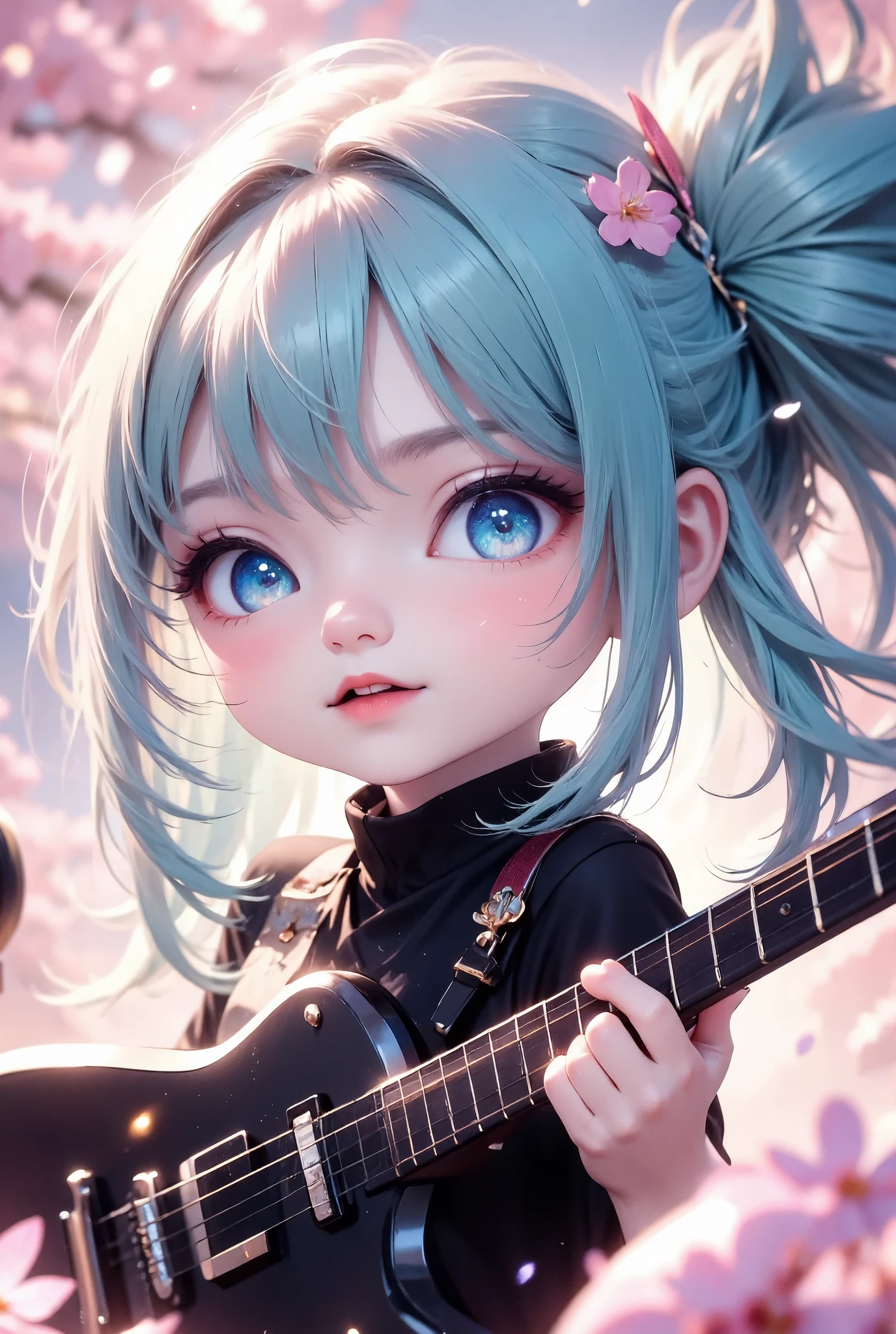 masterpiece, best quality, ultra-detailed, a pastel-toned scene featuring a chibi girl with long turquoise twin-tails, holding a black electric guitar. Her bright blue eyes sparkle with excitement, and she wears a cute black outfit with teal and pink accents. The scene is bathed in soft pastel colors, giving it a light and whimsical atmosphere. The speakers in the background are gently shaded in soft tones, while the girl's hair flows softly around her. The pastel palette creates a dreamlike, magical quality, making the whole scene feel playful and adorable. The gentle lighting and shading emphasize the cute, chibi proportions of the character, adding to the overall charm.