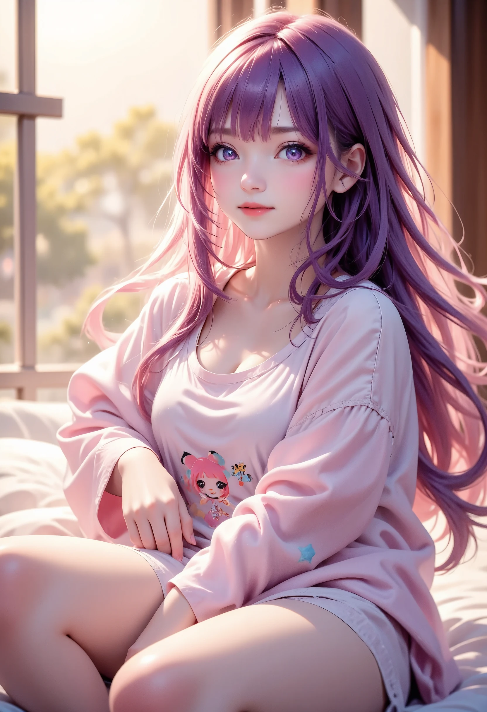 masterpiece, best quality, anime-style full body wide shot of a young girl sitting comfortably on a bed in a bright, sunlit room, her long, purple hair flows around her as she gazes forward with her large, vibrant violet eyes, she is wearing a light pink pajama set with a cute character design on the top, her legs are extended slightly forward in a relaxed position, the soft morning sunlight illuminates her figure and casts gentle shadows, her expression is calm and peaceful, the background is softly blurred, showing the sun filtering through a window with a glimpse of greenery outside, the vibrant colors of her hair, eyes, and pajamas contrast with the soft, warm light, creating a charming and inviting anime aesthetic, her posture is relaxed and natural, as if she is enjoying a quiet morning.