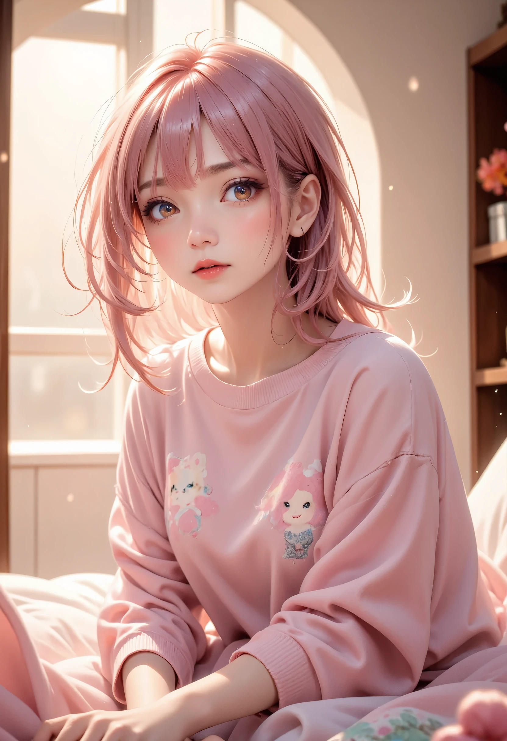 masterpiece, best quality, ultra-detailed, anime-style, side view, medium shot, early morning, soft sunlight streaming through a window, she is sitting on a bed, wearing a cute oversized pink shirt with a character print, the pastel colors of her outfit blend harmoniously with the background