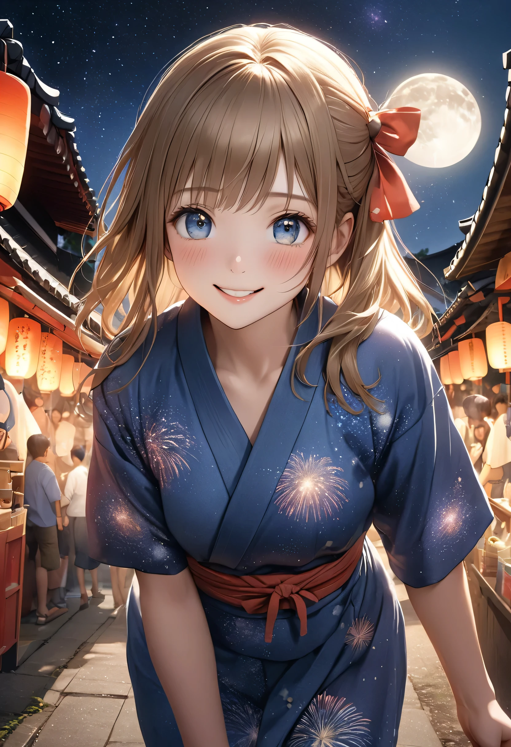 masterpiece, best quality, (cinematic proof), clear face, cute girl, perfect anatomy, happy smile,
 blush, realistic face, realistic, (1girl), teen girl, solo focus, photoreal, detailed eyes,
 dynamic pose, blue yukata, hair ribbon, hime cut, high angle, looking up, bronde hair, cowboy shot,
 walking, at night, moon, milky way, starry sky, festival in japan, street stalls, fireworks, torii,
 firefly, growing paper lanterns