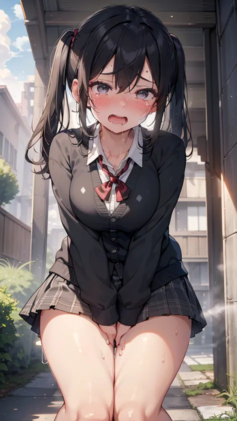 (masterpiece,beautiful,hughres,CG,8k,16K,best quality,high-resolution,detailed fingers,detailed hands,detailed legs,detailed eyes:1.7),(from below:1.6),(cowboy shot,crotch focus:1.5),1girl,(school uniforms,black cardigan,white shirt,plaid skirt,black skirt,black hair,twintails,large breasts:1.6),(red bowtie:1.2),(outdoors,sidewalk:1.5),(have to pee:1.1),(urge to pee:1.2),(very desperate to pee:1.3),(standing:1.4),(knees together and feet apart:1.3),(rub each other's knees:1.6),(hand between legs,holding the crotch:1.6),(erotic waist twist:1.4),(female orgasm,pussy juice:1.2),(open mouth,gasping,heavy breathing,blush:1.6),(impatience:1.2),(flustered),(fidgeting around:1.3),(steam:1.3),(sweat skin:1.4),(streaming tears:1.6),(drooling:1.4),(looking down at viewer:1.4)