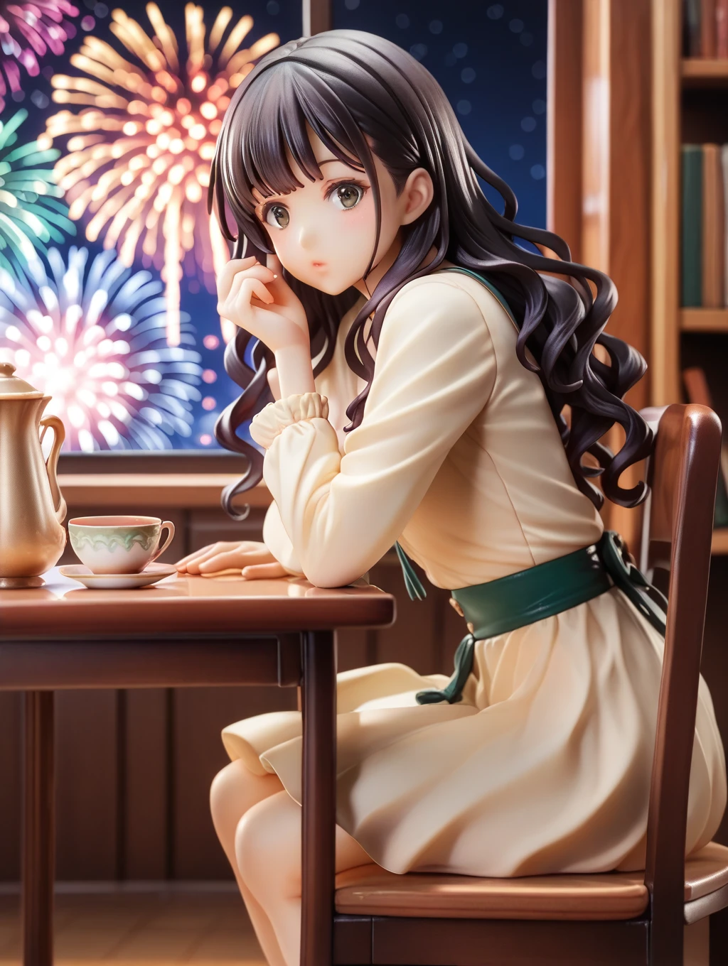 masterpiece, Best Quality, Very detailed, 16k, Ultra-high resolution, Cowboy Shot, Detailed face, Perfect fingers, a , Black Eyes, Black Hair, Wavy Hair, Gorgeous Western-style building, Bookshelf, Table seating, chair, Tea Set, chairに座って本を読む,((Watching the fireworks from the window))