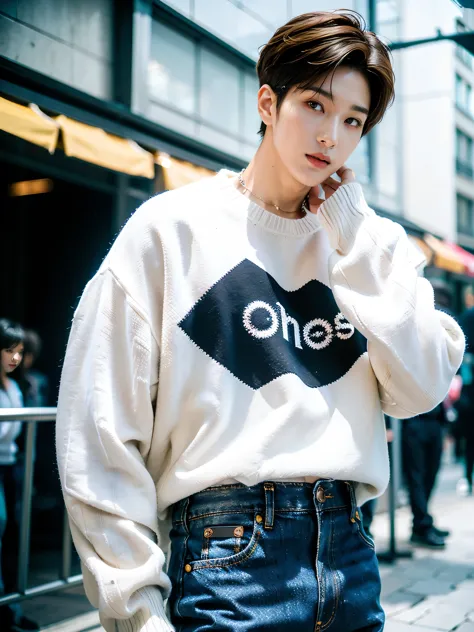 A Yung man，28 years old，Height 187 cm,Tall model figure，brown hair，asian man, Korean man, handsome, with a sexy body, stylishly dressed,Wearing a sweater over a shirt，denim trousers，street style outfit，He posed handsomely for photos，He is a Korean idol，He is good at dressing up，He knows how to dress well，Designer clothing，Designer clothing，fashion model，Photo studio on white