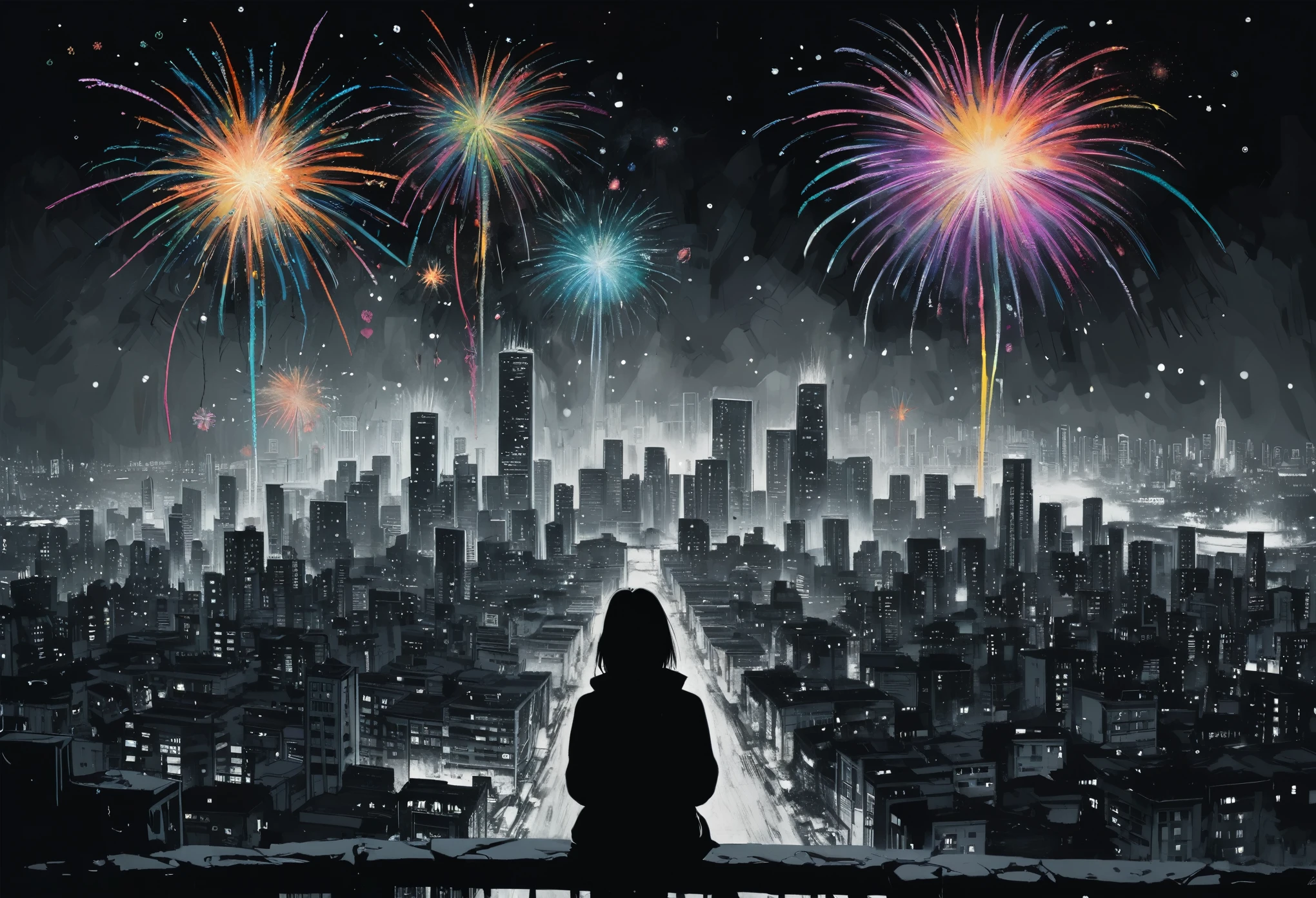 Style (encaustic painting:1.2) scenery illustration of a (colorless dull city:1.2) in a style of (Liam Wong:1.3), (depressed city), a lonely girl watching sky, colorful fractal fireworks, (contradistinction of colors:1.4), black and white illustration with colorful fireworks, high-resolution