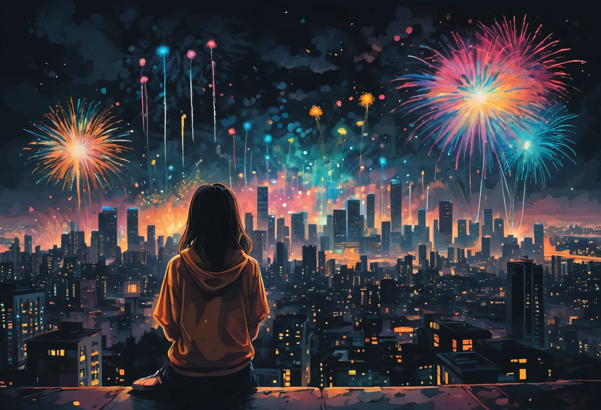 Style (encaustic painting:1.2) scenery illustration of a (colorless dull city:1.2) in a style of (Liam Wong:1.3), (depressed city), a lonely girl watching sky, colorful fractal fireworks, (contradistinction of colors:1.4), black and white illustration with colorful fireworks, high-resolution