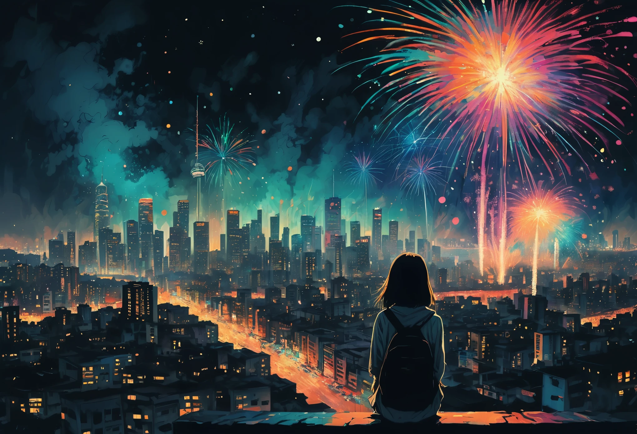 Style (encaustic painting:1.2) scenery illustration of a (colorless dull city:1.2) in a style of (Liam Wong:1.3), (depressed city), a lonely girl watching sky, colorful fractal fireworks, (contradistinction of colors:1.4), black and white illustration with colorful fireworks, high-resolution