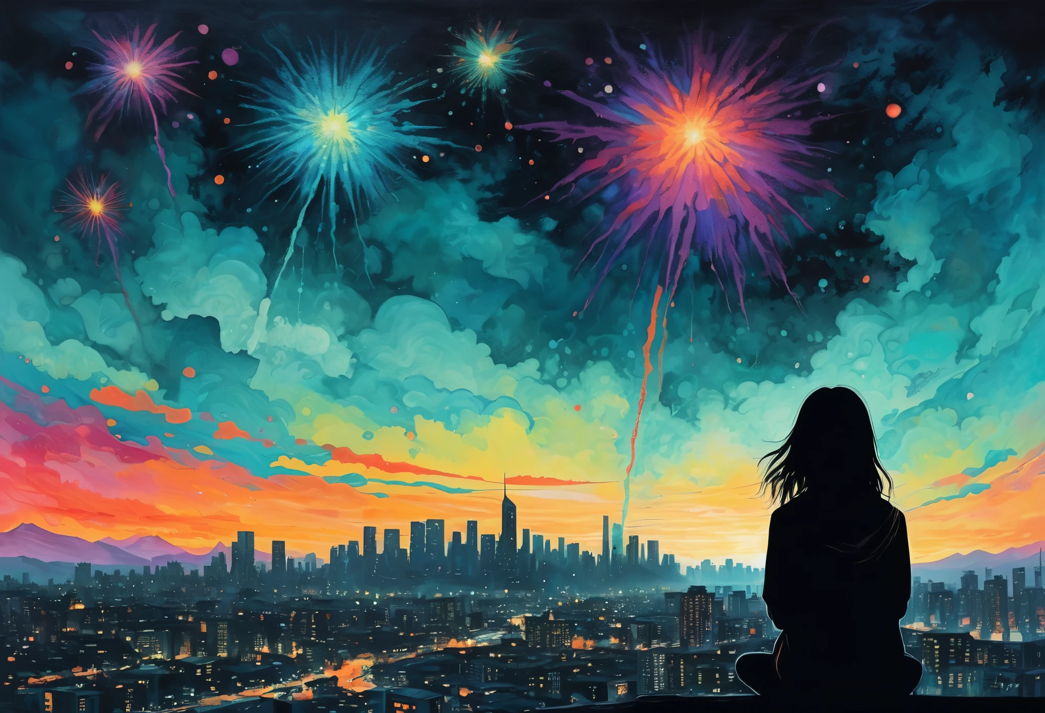 Style (encaustic painting:1.2) scenery illustration of a (colorless dull city:1.2) in a style of (Liam Wong:1.3), (depressed city), a lonely girl watching sky, colorful fractal fireworks, (contradistinction of colors:1.4), black and white illustration with colorful fireworks, high-resolution