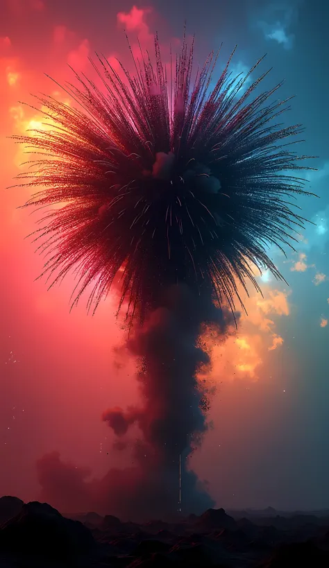 a stunning black firework explosion against a fully sharpness, glowing, rainbow-colored background, ultra-detailed, 8k, highres, hyperrealistic, dramatic, masterpiece, volumetric lighting, cinematic, dramatic, vivid colors, mesmerizing, hypnotic, awe-inspiring, captivating, dynamic, intense, magnificent, powerful, photorealistic