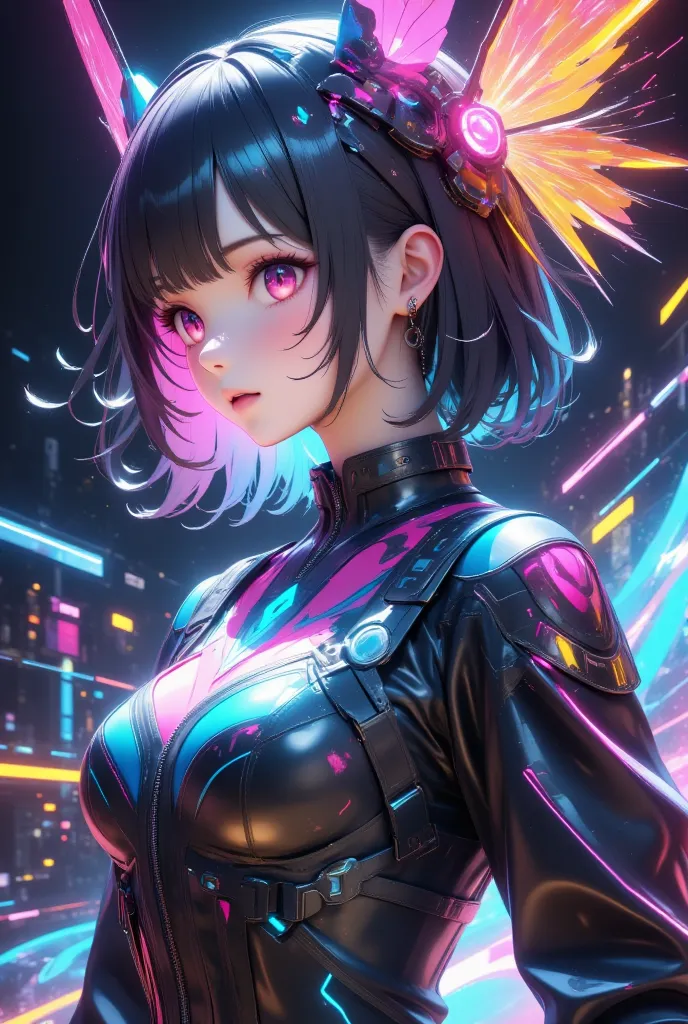 (masterpiece, best quality:1.2), 1girl, solo, cyber girl, futuristic cyberpunk, neon lights, glowing eyes, intricate cybernetic ...