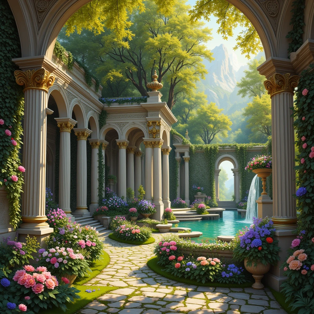 (masterpiece:1.3),(highest quality:1.4),(ultra detailed:1.5),high resolution,extremely detailed, unity 8k wallpaper, intricate rococo style palace, lush green garden, blooming colorful flowers, manicured hedges, ornate stone fountains, cascading waterfalls, ornate gold accents, dramatic lighting, vivid colors