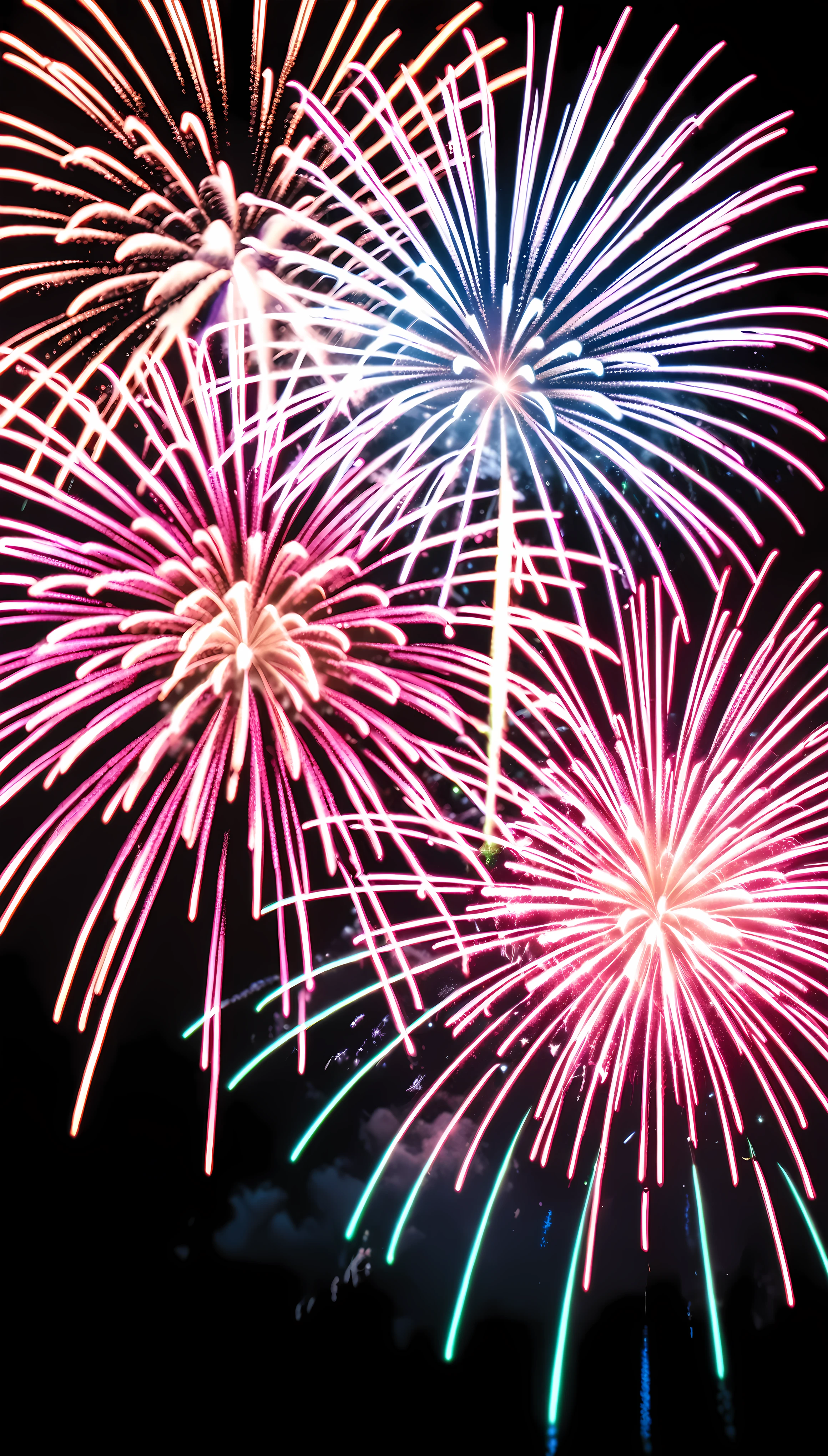 Fluorescent pink background, Jet black fireworks that overwrite the background color, 