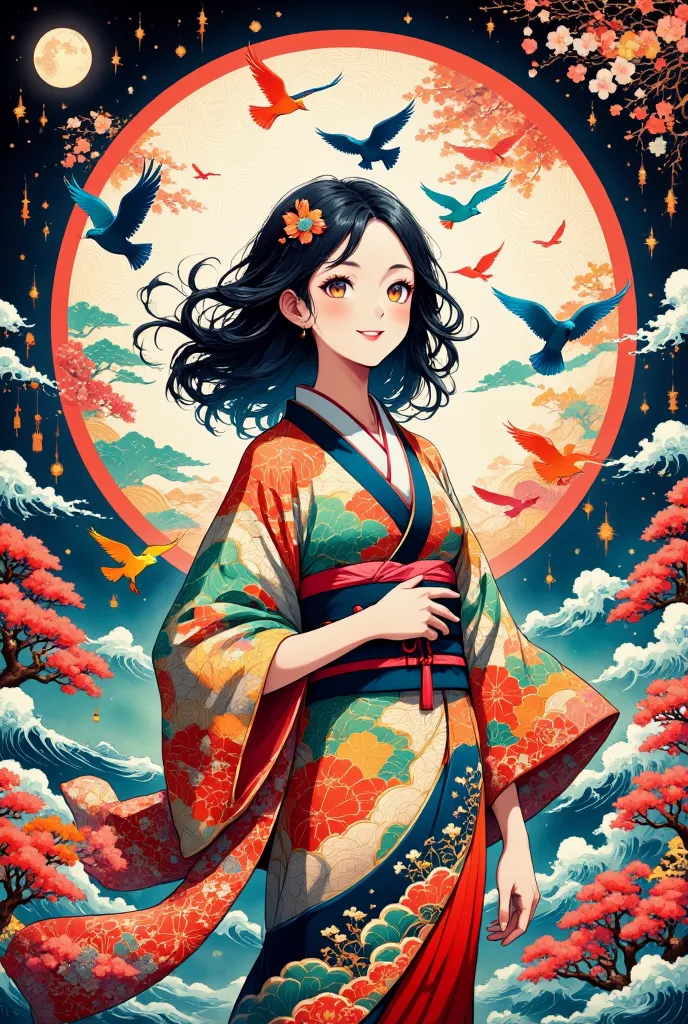 a serene scene featuring a girl in a traditional japanese kimono, standing gracefully as vibrant birds fly around her. the birds...