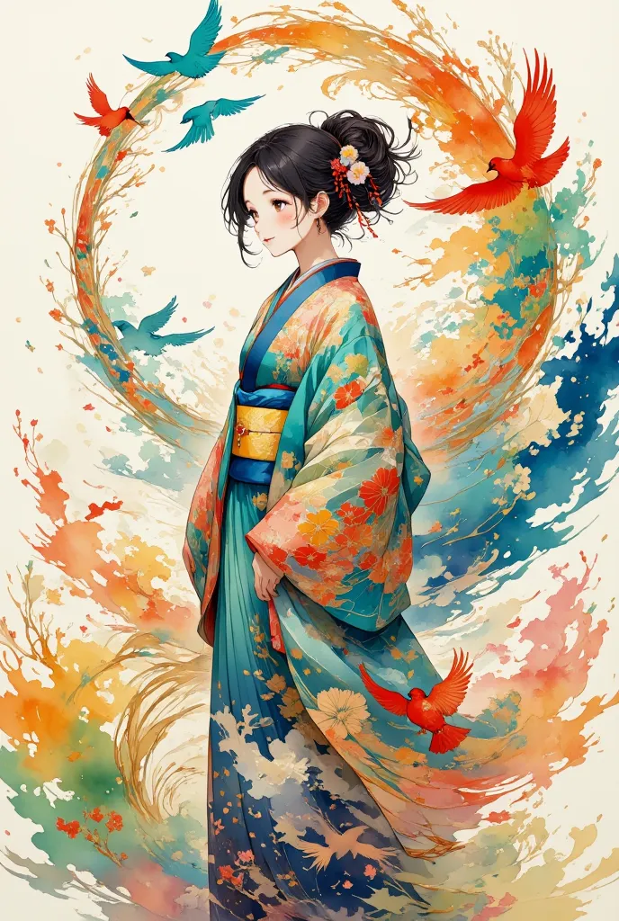 a serene scene featuring a girl in a traditional japanese kimono, standing gracefully as vibrant birds fly around her. the birds...