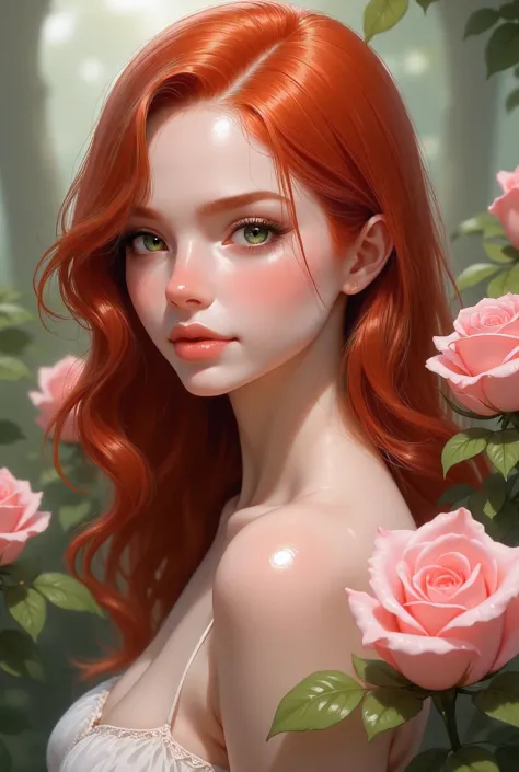 beautiful, redhead, long hair, side part hairstyle, dark green eyes, pink roses