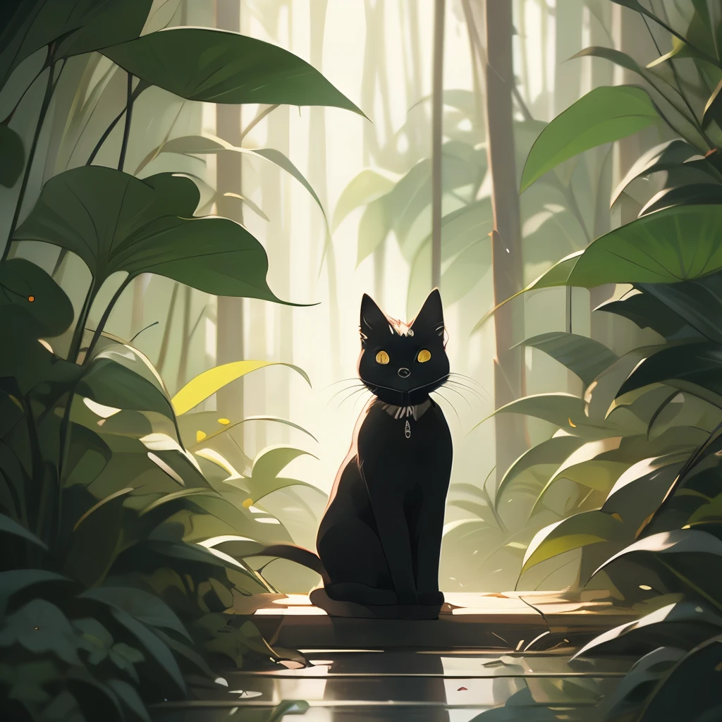 a black cat in the jungle looking out from behind plants, cat in the forest, 🌺 cgsociety, by Yang J, by Ryan Yee, by Kubisi art, by Eizan Kikukawa, prowling through the forest, by Jason Chan, moody :: studio ghibli, by Kamagurka, by André Beauneveu, by Miyazaki