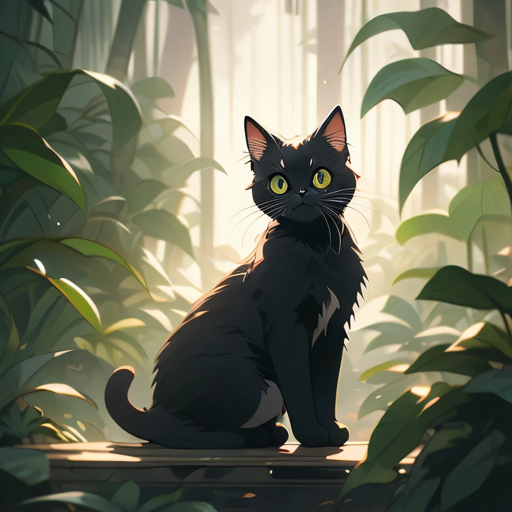 a black cat in the jungle looking out from behind plants, cat in the forest, 🌺 cgsociety, by Yang J, by Ryan Yee, by Kubisi art, by Eizan Kikukawa, prowling through the forest, by Jason Chan, moody :: studio ghibli, by Kamagurka, by André Beauneveu, by Miyazaki