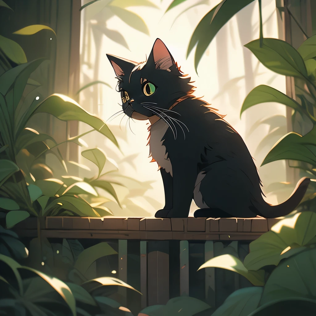 a black cat in the jungle looking out from behind plants, cat in the forest, 🌺 cgsociety, by Yang J, by Ryan Yee, by Kubisi art, by Eizan Kikukawa, prowling through the forest, by Jason Chan, moody :: studio ghibli, by Kamagurka, by André Beauneveu, by Miyazaki