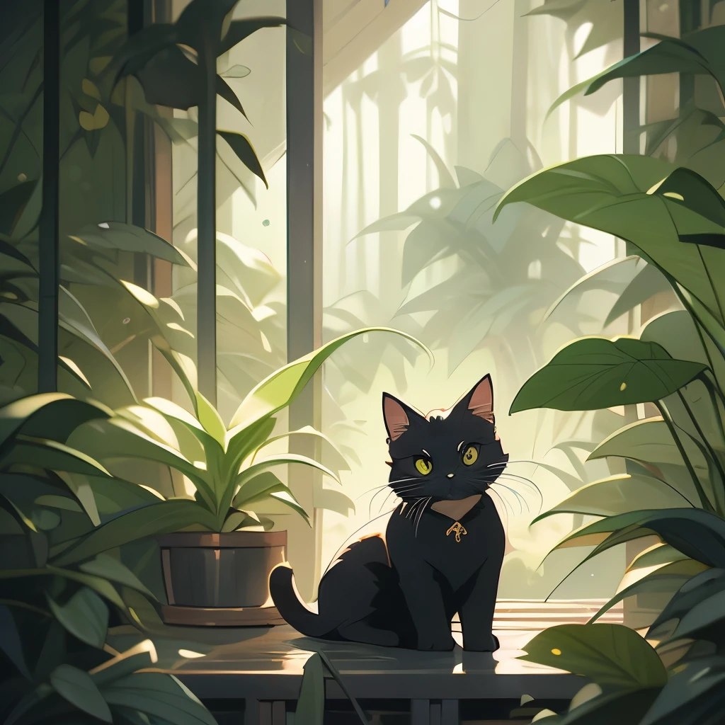 a black cat in the jungle looking out from behind plants, cat in the forest, 🌺 cgsociety, by Yang J, by Ryan Yee, by Kubisi art, by Eizan Kikukawa, prowling through the forest, by Jason Chan, moody :: studio ghibli, by Kamagurka, by André Beauneveu, by Miyazaki