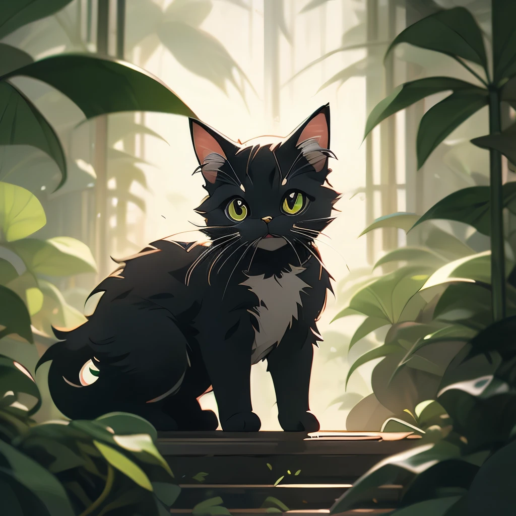 a black cat in the jungle looking out from behind plants, cat in the forest, 🌺 cgsociety, by Yang J, by Ryan Yee, by Kubisi art, by Eizan Kikukawa, prowling through the forest, by Jason Chan, moody :: studio ghibli, by Kamagurka, by André Beauneveu, by Miyazaki