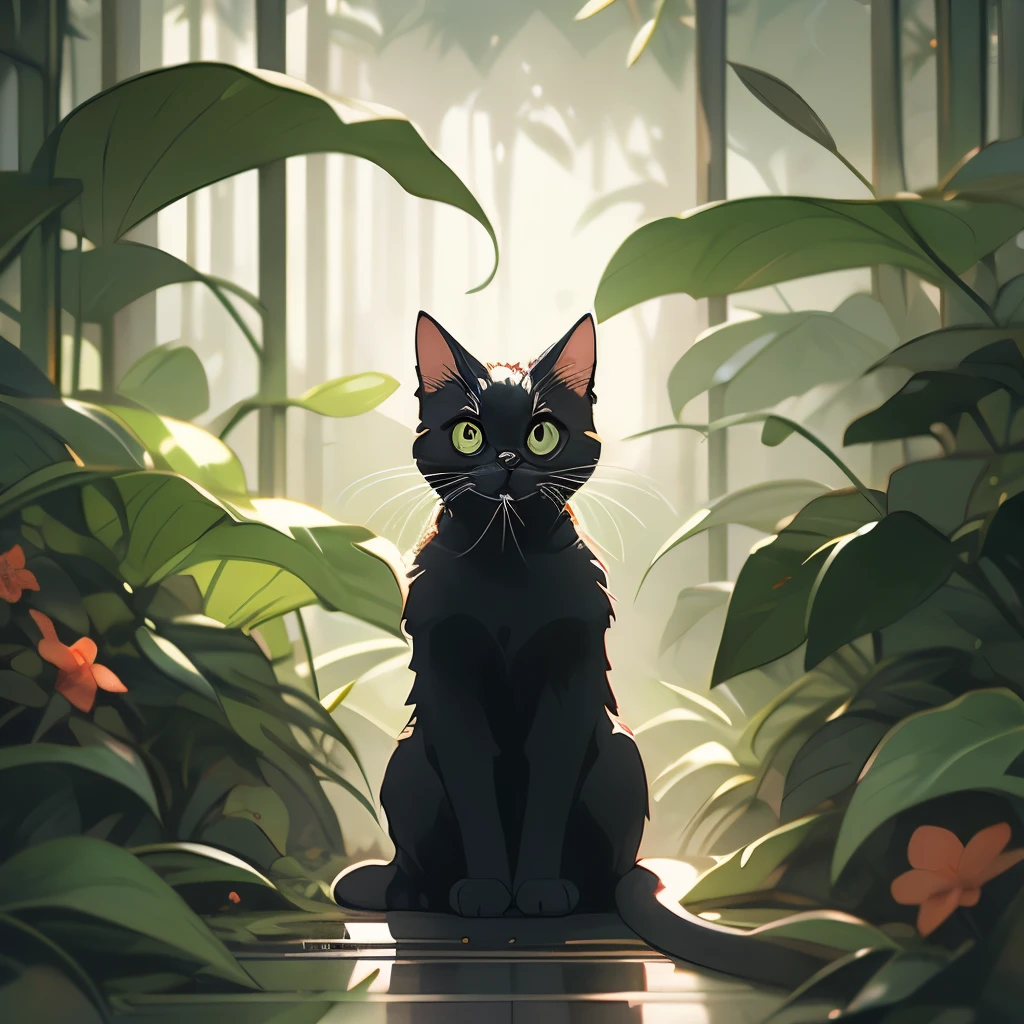 a black cat in the jungle looking out from behind plants, cat in the forest, 🌺 cgsociety, by Yang J, by Ryan Yee, by Kubisi art, by Eizan Kikukawa, prowling through the forest, by Jason Chan, moody :: studio ghibli, by Kamagurka, by André Beauneveu, by Miyazaki