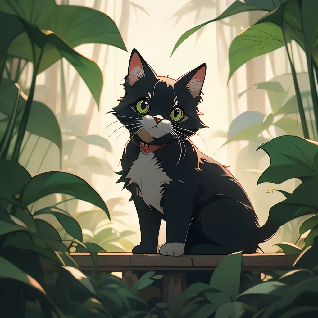 a black cat in the jungle looking out from behind plants, cat in the forest, 🌺 cgsociety, by Yang J, by Ryan Yee, by Kubisi art, by Eizan Kikukawa, prowling through the forest, by Jason Chan, moody :: studio ghibli, by Kamagurka, by André Beauneveu, by Miyazaki