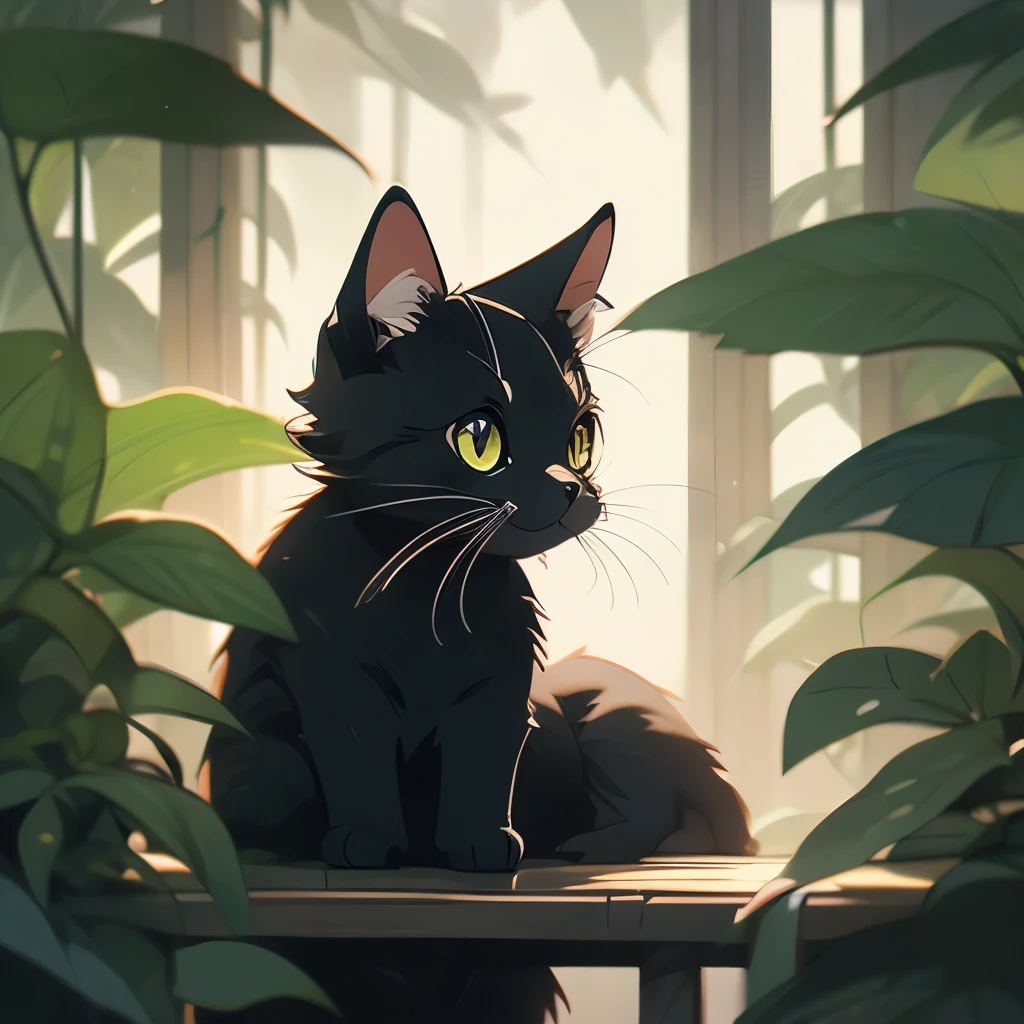 a black cat in the jungle looking out from behind plants, cat in the forest, 🌺 cgsociety, by Yang J, by Ryan Yee, by Kubisi art, by Eizan Kikukawa, prowling through the forest, by Jason Chan, moody :: studio ghibli, by Kamagurka, by André Beauneveu, by Miyazaki