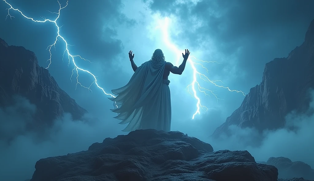 Dans une scène dramatique, Zeus se tient debout au sommet du mont Olympe, les bras levés vers le ciel alors qu'il convoque une tempête colossale. Des éclairs éclatent autour de lui, illuminant la scène avec des éclairs bleus et blancs. (Éclairs et nuages: 1.8). Les montagnes rocheuses en arrière-plan sont enveloppées dans une brume épaisse, et le vent semble tourbillonner autour de lui. Sa silhouette est grandiose, sa cape flottant dans le vent. Ultra détaillé, 8K qualité, focus sur les éclairs et la force naturelle de Zeus.