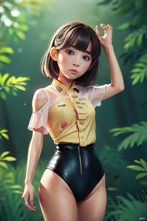 (masterpiece, highest quality), 1 girl, beautiful face, beautiful body,  wearing a Black gymnastics bloomers, High leg、white blouse,    cowboy shot、Are standing、full body portrait、Alone, complex details, enlarged textures, complex details, finely detailed eyes and detailed face, intricate details, (closed mouth), perfect eyes, equal eyes, perfect body, extremely detailed, (Child), extremely realistic 3d,In a dark forest、