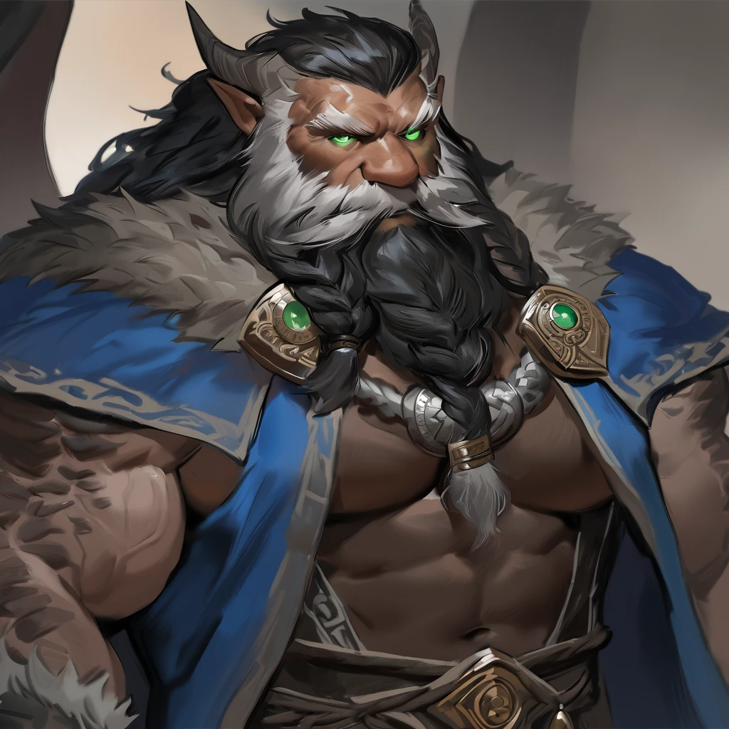 "(muscular man) old man, long beard, braided beard, dwarf, jewelery in beard, swole, bara muscles, black dragon scales on face, green dragon eyes, huge muscles, mage robes, character art, viking hair, black hair, half body, detailed muscle, dark skin, by dopq, solo, scales, glowing eyes