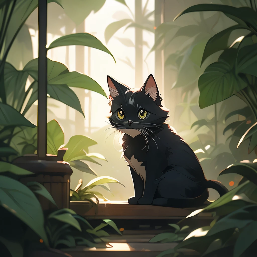 a black cat in the jungle looking out from behind plants, cat in the forest, 🌺 cgsociety, by Yang J, by Ryan Yee, by Kubisi art, by Eizan Kikukawa, prowling through the forest, by Jason Chan, moody :: studio ghibli, by Kamagurka, by André Beauneveu, by Miyazaki