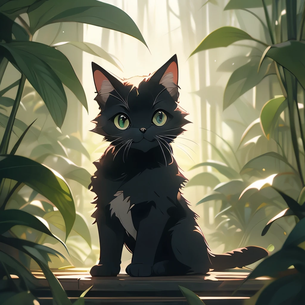 a black cat in the jungle looking out from behind plants, cat in the forest, 🌺 cgsociety, by Yang J, by Ryan Yee, by Kubisi art, by Eizan Kikukawa, prowling through the forest, by Jason Chan, moody :: studio ghibli, by Kamagurka, by André Beauneveu, by Miyazaki