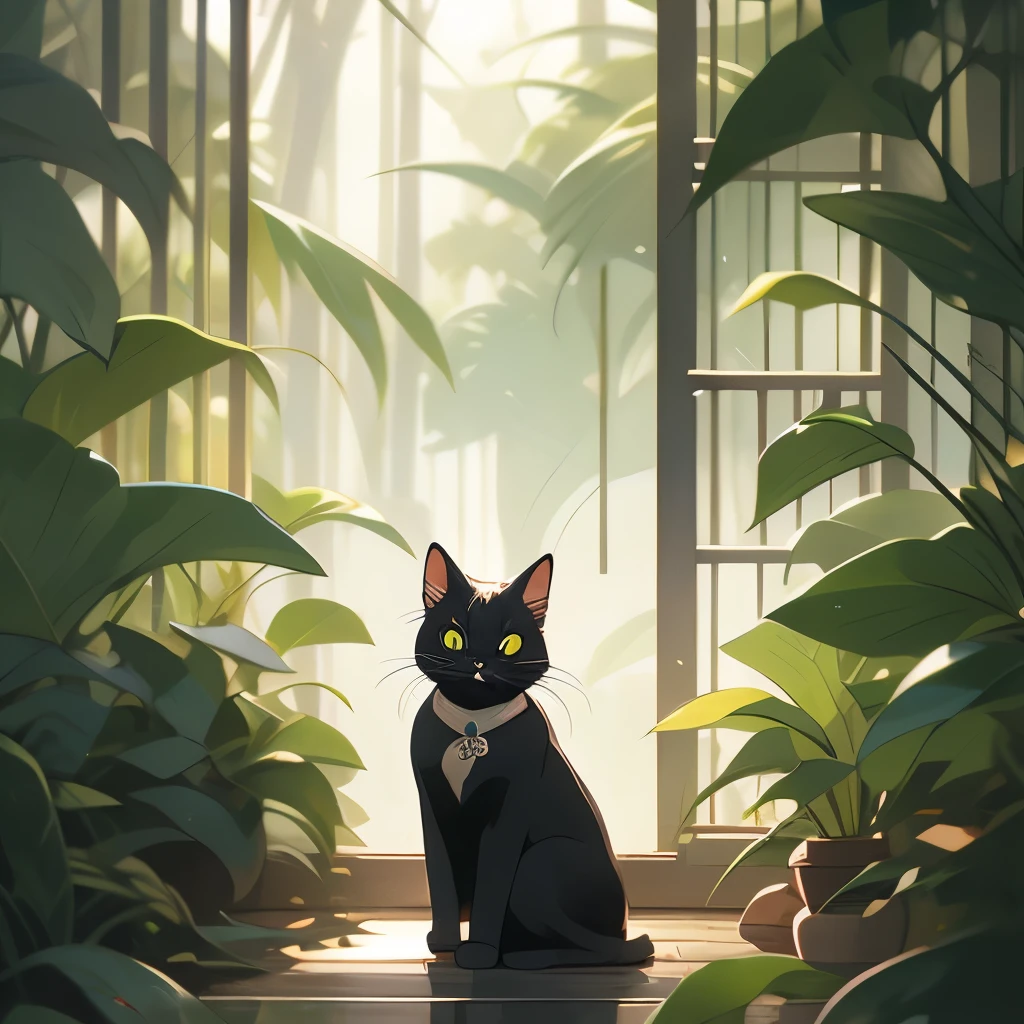 a black cat in the jungle looking out from behind plants, cat in the forest, 🌺 cgsociety, by Yang J, by Ryan Yee, by Kubisi art, by Eizan Kikukawa, prowling through the forest, by Jason Chan, moody :: studio ghibli, by Kamagurka, by André Beauneveu, by Miyazaki