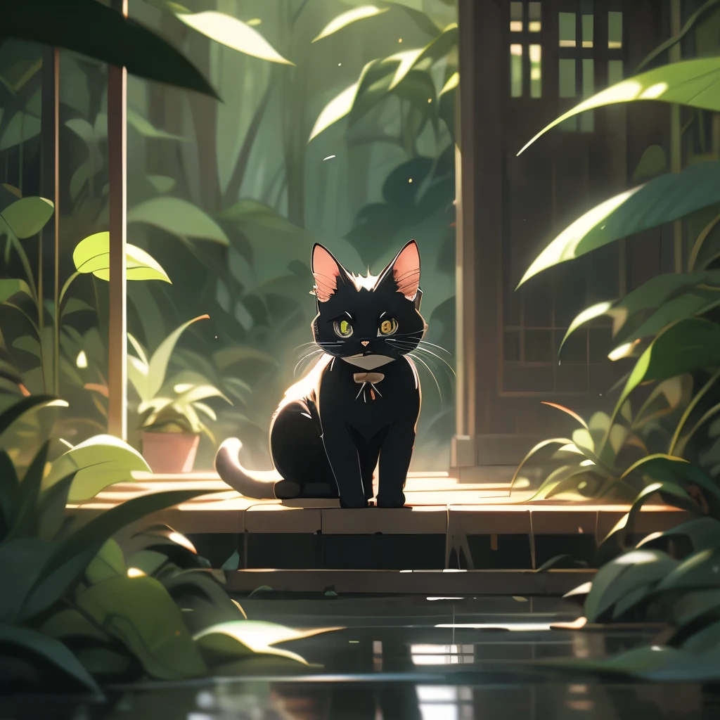 a black cat in the jungle looking out from behind plants, cat in the forest, 🌺 cgsociety, by Yang J, by Ryan Yee, by Kubisi art, by Eizan Kikukawa, prowling through the forest, by Jason Chan, moody :: studio ghibli, by Kamagurka, by André Beauneveu, by Miyazaki