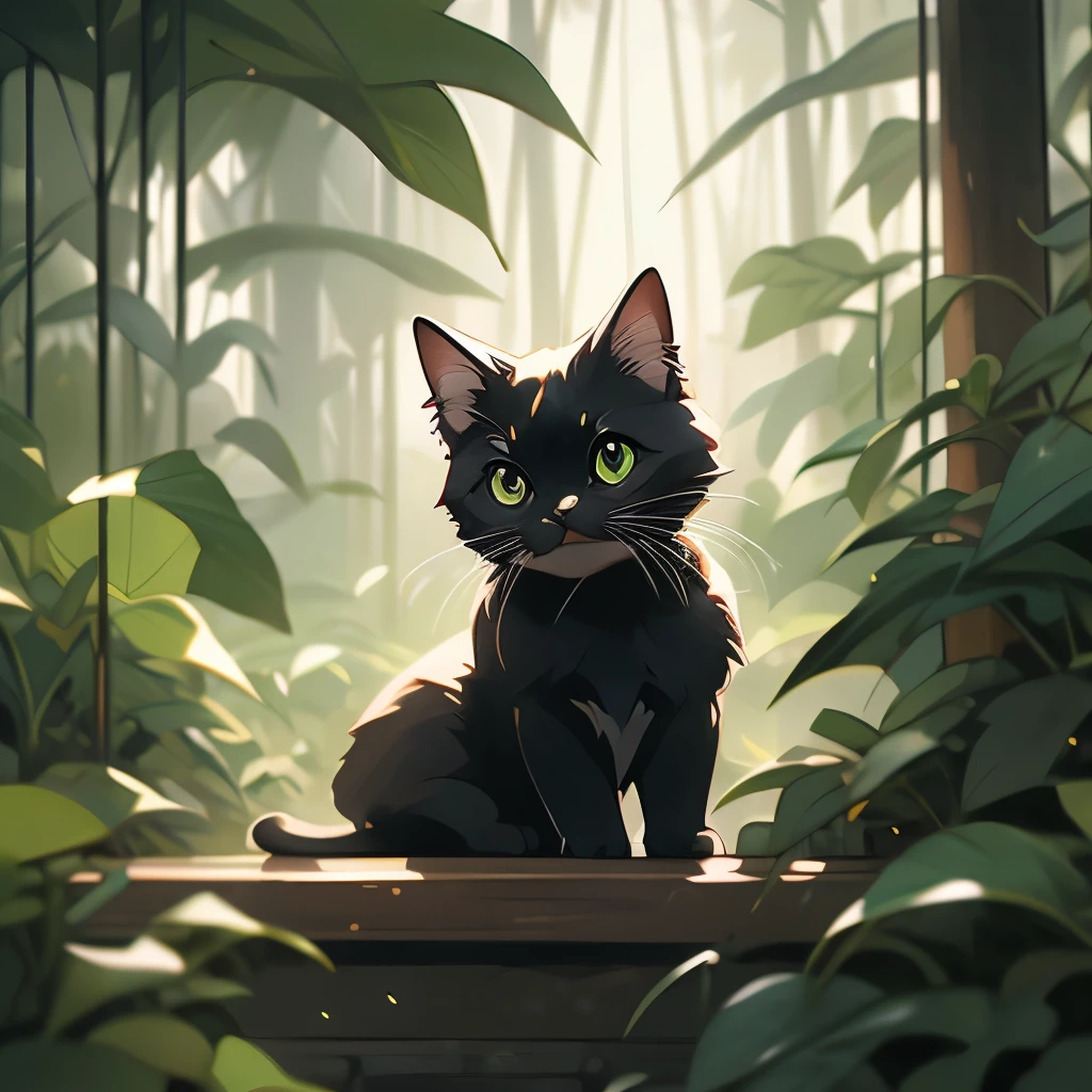 a black cat in the jungle looking out from behind plants, cat in the forest, 🌺 cgsociety, by Yang J, by Ryan Yee, by Kubisi art, by Eizan Kikukawa, prowling through the forest, by Jason Chan, moody :: studio ghibli, by Kamagurka, by André Beauneveu, by Miyazaki