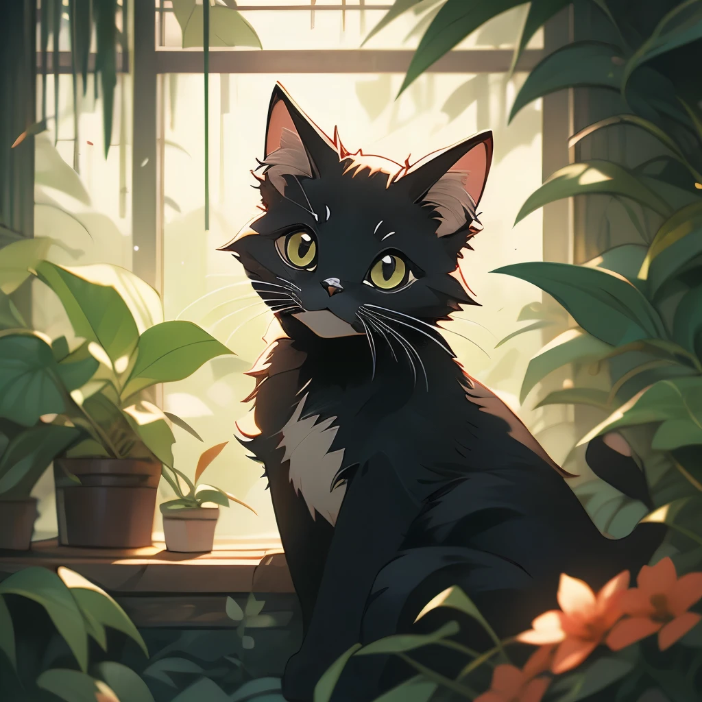 a black cat in the jungle looking out from behind plants, cat in the forest, 🌺 cgsociety, by Yang J, by Ryan Yee, by Kubisi art, by Eizan Kikukawa, prowling through the forest, by Jason Chan, moody :: studio ghibli, by Kamagurka, by André Beauneveu, by Miyazaki