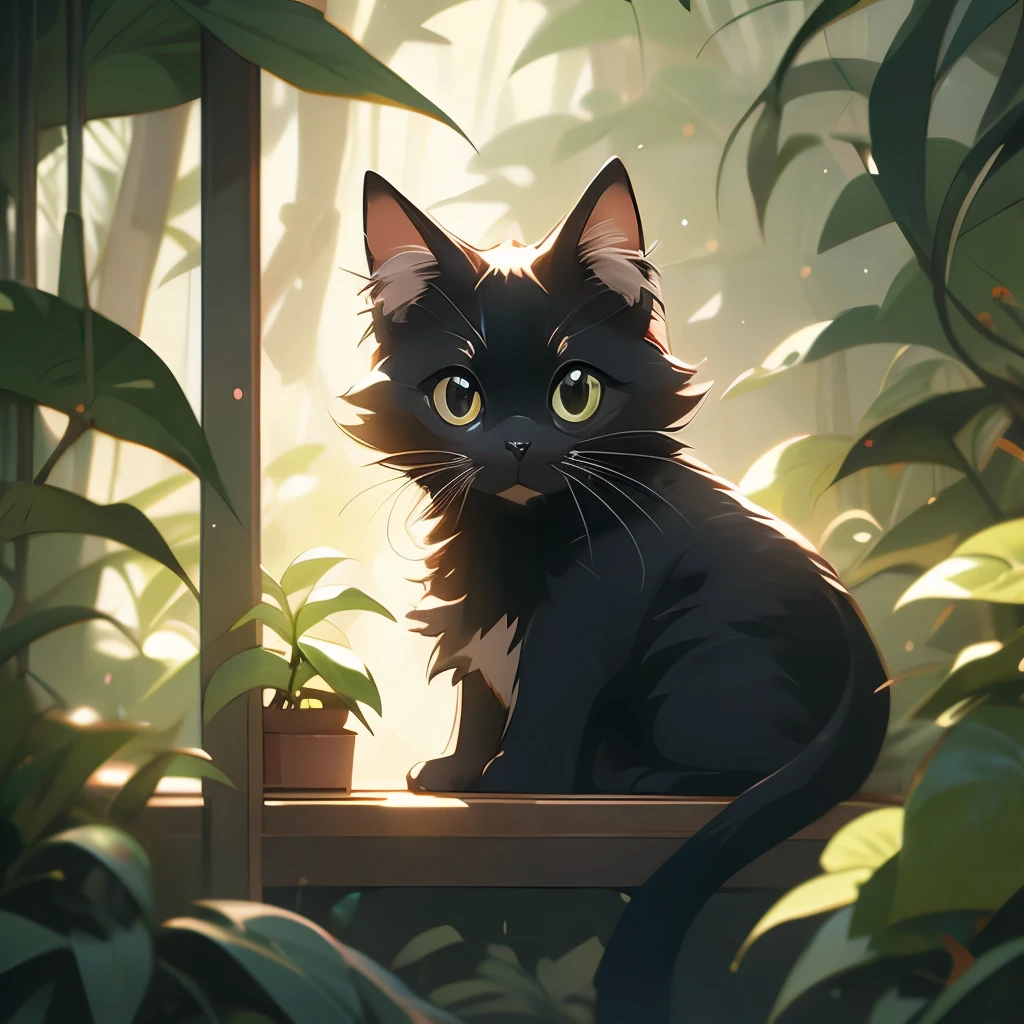 a black cat in the jungle looking out from behind plants, cat in the forest, 🌺 cgsociety, by Yang J, by Ryan Yee, by Kubisi art, by Eizan Kikukawa, prowling through the forest, by Jason Chan, moody :: studio ghibli, by Kamagurka, by André Beauneveu, by Miyazaki