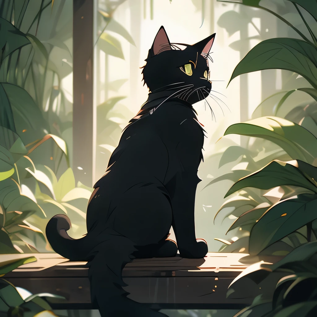 a black cat in the jungle looking out from behind plants, cat in the forest, 🌺 cgsociety, by Yang J, by Ryan Yee, by Kubisi art, by Eizan Kikukawa, prowling through the forest, by Jason Chan, moody :: studio ghibli, by Kamagurka, by André Beauneveu, by Miyazaki