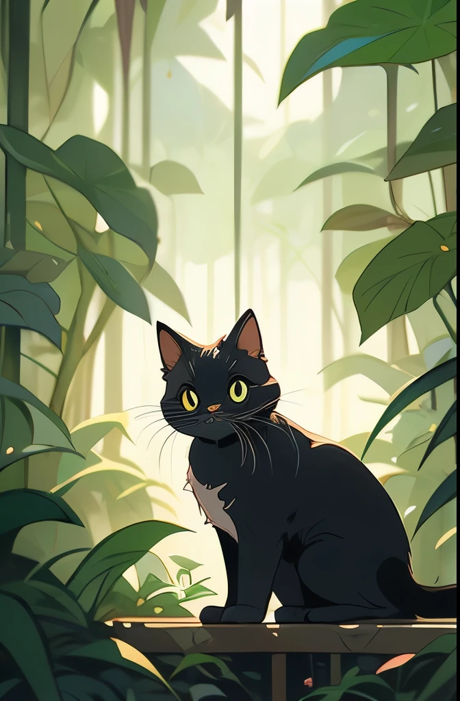 a black cat in the jungle looking out from behind plants, cat in the forest, 🌺 cgsociety, by Yang J, by Ryan Yee, by Kubisi art, by Eizan Kikukawa, prowling through the forest, by Jason Chan, moody :: studio ghibli, by Kamagurka, by André Beauneveu, by Miyazaki