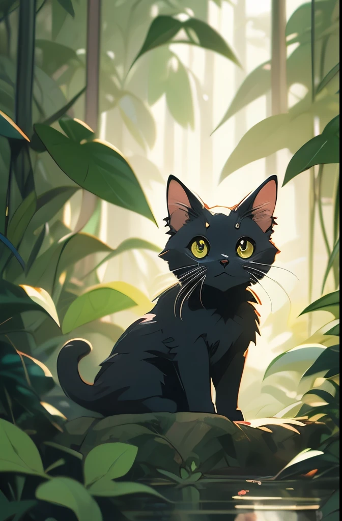 a black cat in the jungle looking out from behind plants, cat in the forest, 🌺 cgsociety, by Yang J, by Ryan Yee, by Kubisi art, by Eizan Kikukawa, prowling through the forest, by Jason Chan, moody :: studio ghibli, by Kamagurka, by André Beauneveu, by Miyazaki