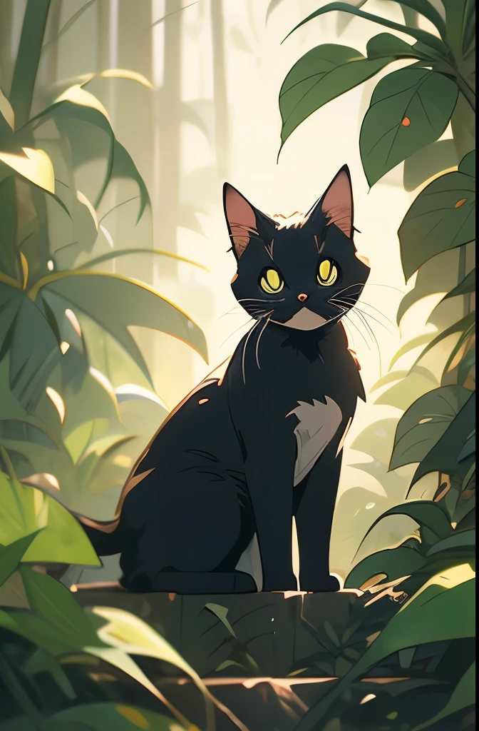 a black cat in the jungle looking out from behind plants, cat in the forest, 🌺 cgsociety, by Yang J, by Ryan Yee, by Kubisi art, by Eizan Kikukawa, prowling through the forest, by Jason Chan, moody :: studio ghibli, by Kamagurka, by André Beauneveu, by Miyazaki