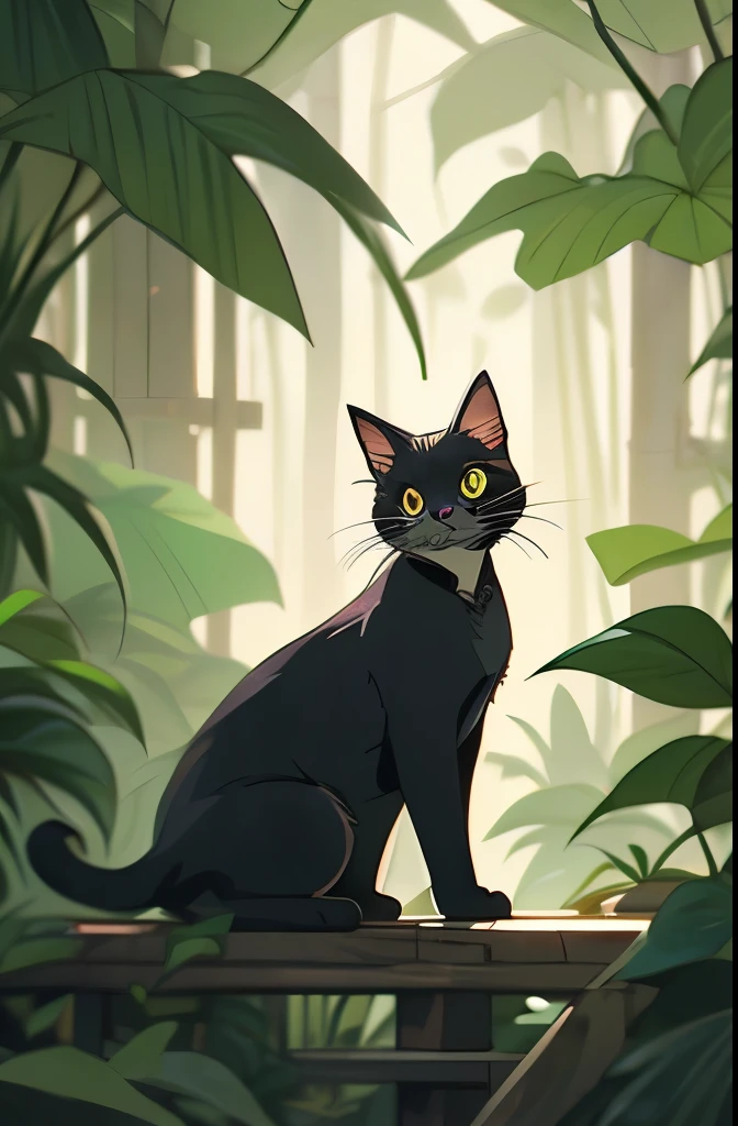 a black cat in the jungle looking out from behind plants, cat in the forest, 🌺 cgsociety, by Yang J, by Ryan Yee, by Kubisi art, by Eizan Kikukawa, prowling through the forest, by Jason Chan, moody :: studio ghibli, by Kamagurka, by André Beauneveu, by Miyazaki