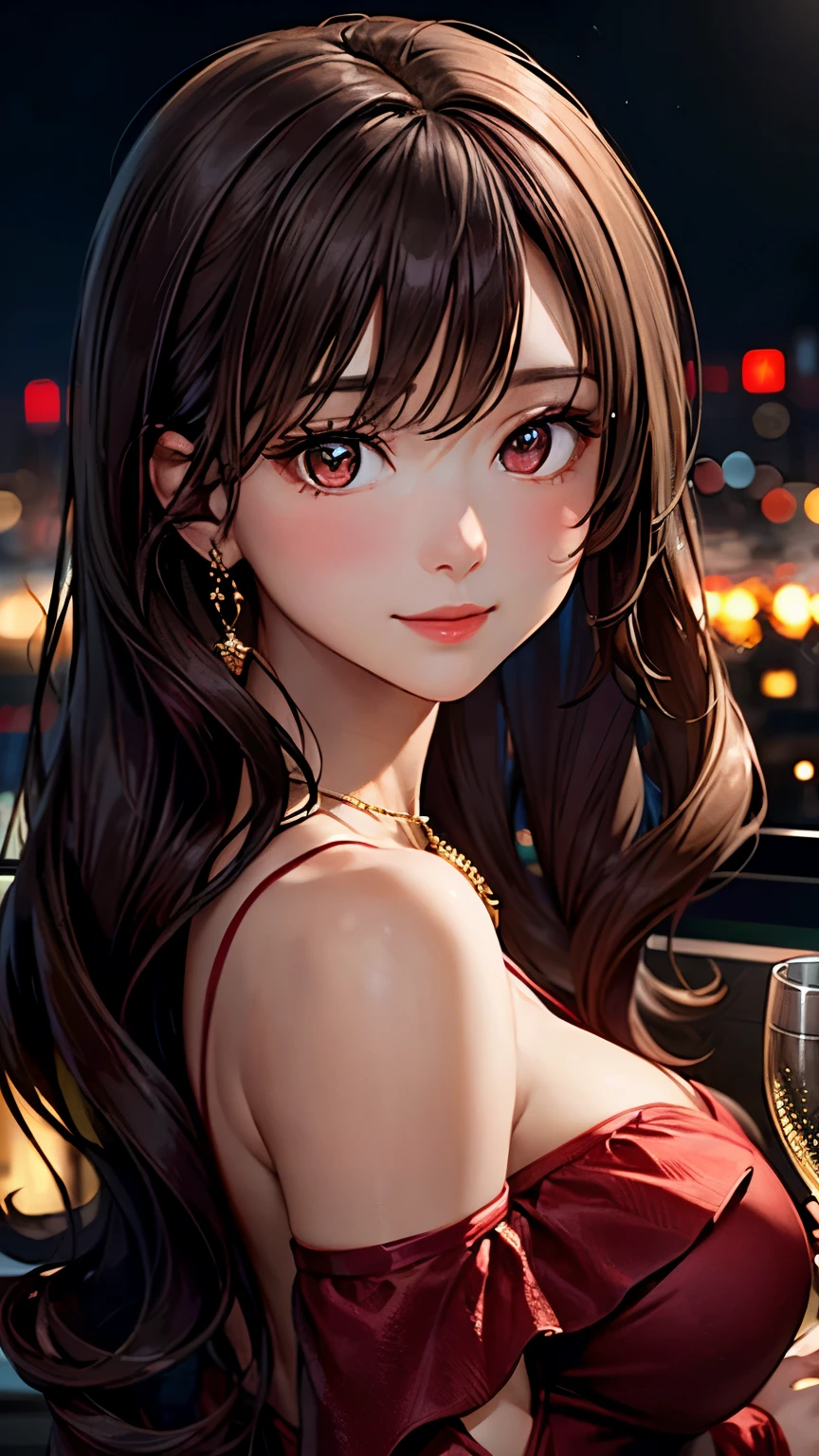 A stunning woman in her 20s with long, wavy dark brown hair cascading over her shoulders and alluring hazel eyes. She wears an elegant, form-fitting crimson dress with an off-shoulder design that accentuates her figure. Delicate gold jewelry adorns her neck and wrists, adding a touch of sophistication. She stands confidently at a rooftop bar overlooking city lights, holding a champagne glass with a subtle, knowing smile. The warm glow of ambient lighting highlights her features, and her gaze is both inviting and mysterious, capturing the attention of those around her. High detail, photorealistic, luxurious atmosphere, soft lighting.