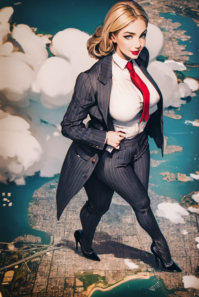 Young woman, giantess art, giga giantess in distance walking on through city, women with beautiful curves, massive thighs, blonde hair, lipstick, wearing a perfect  grey pinstripe trouser suit and blazer, crisp white shirt, and a large blade width Windsor knot red tie, with massive breasts. She is wearing platform high heels and standing on a miniature city, with skyscrapers at her feet, smiling with her huge breasts. This image is highly detailed, photorealistic, best quality, a masterpiece, with cinematic lighting, ultra-detailed, featuring black patent Louboutin pumps, low altitude photography, satellite view, a curvy figure, heaving bosom, legs, a mega city, urban sprawl, small towns, destruction, buildings, roads, a cloudy, overcast, hazy atmosphere, and wispy clouds